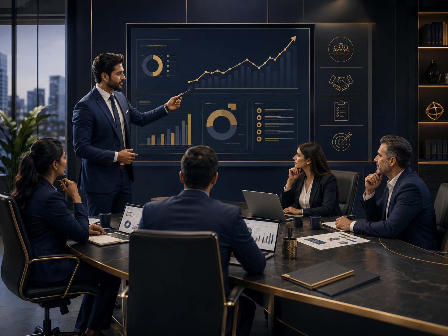 Account managers and client team discussing GeM growth in a business review meeting