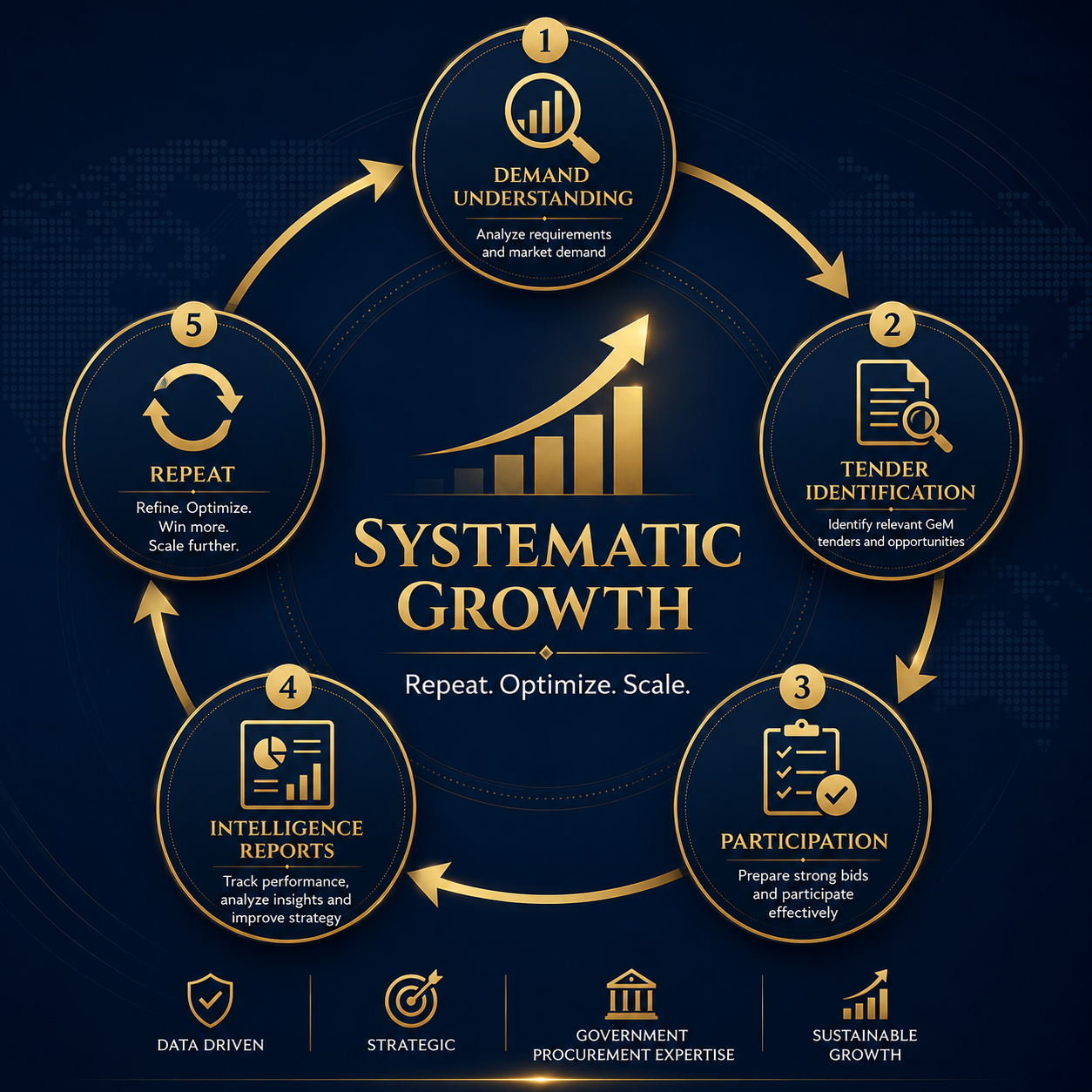 Systematic growth process covering demand understanding, tender identification, participation, intelligence reports and repeat cycle